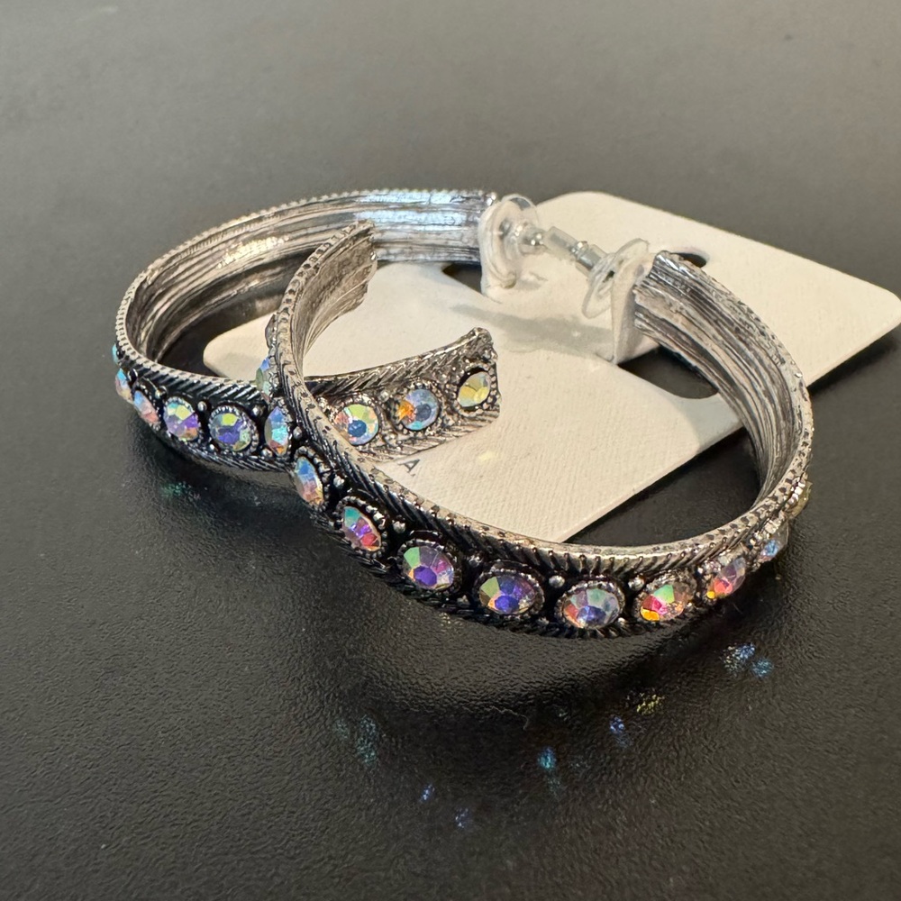 Elegant Silver Hoop Earrings with Iridescent AB Accents